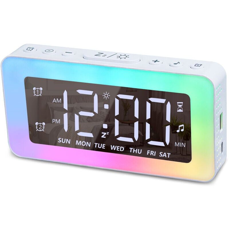 foto del prodotto sveglia digitale con luce di risveglio, timer, 8 rumori bianchi, sveglia con stazione di ricarica