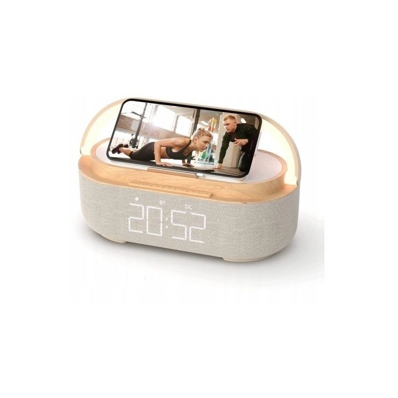 foto del prodotto sveglia digitale con radio fm e ricarica wireless, multifunzionale con porta di ricarica usb, altoparlante bluetooth, display led, lampada con