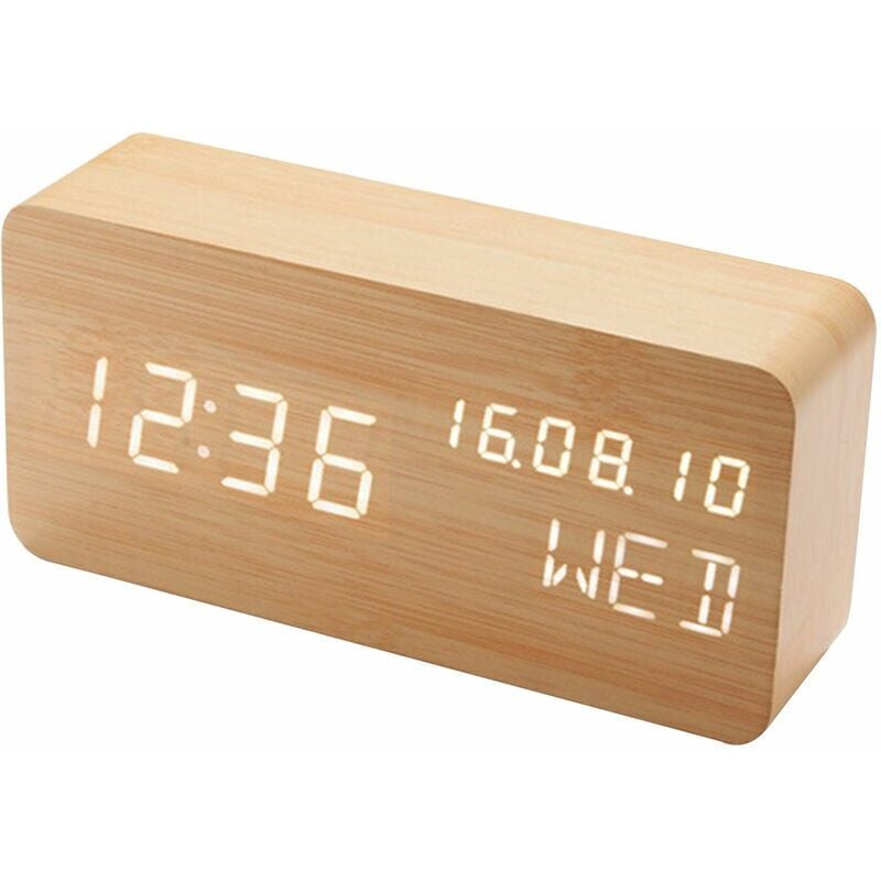 foto del prodotto sveglia digitale in legno a led con attivazione vocale 2102 ricarica usb o batteria a doppio uso, spedizione senza batterie, caratteri in bamb 