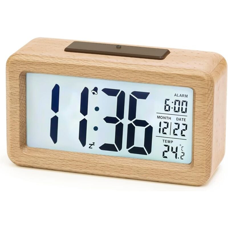 foto del prodotto sveglia digitale in legno, aboveclock orologio digitale a led senza ticchettio con visualizzazione della data, temperatura, funzione snooze, orologio