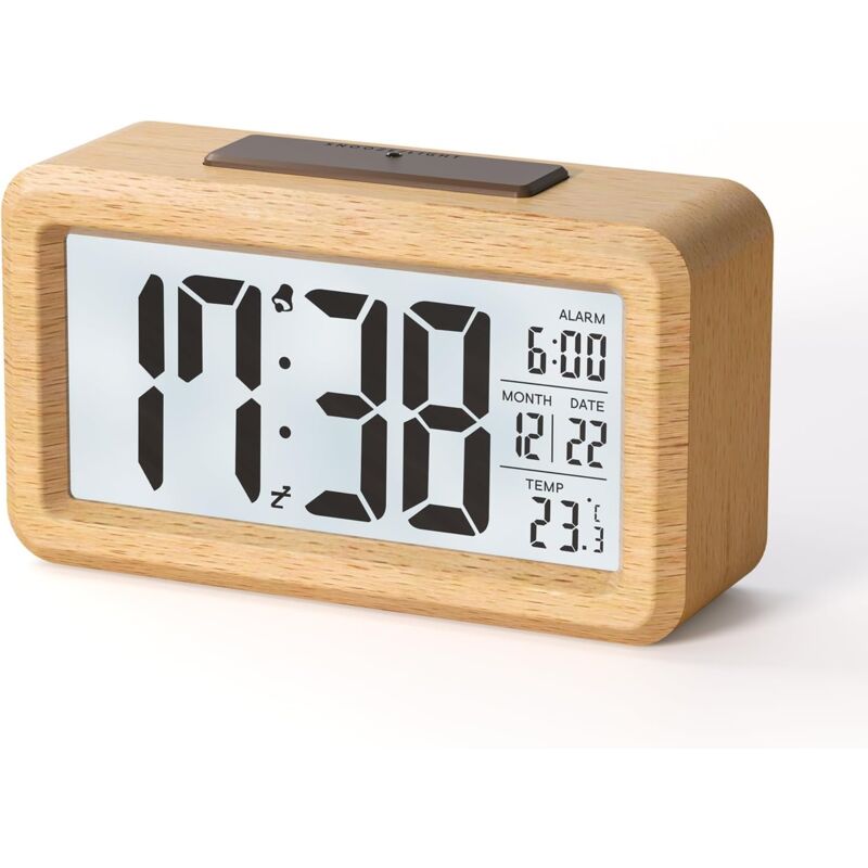 foto del prodotto sveglia digitale in legno con ampio display lcd, data, temperatura, sensore di luce automatico, funzione snooze, funzionamento a batteria 3 batterie