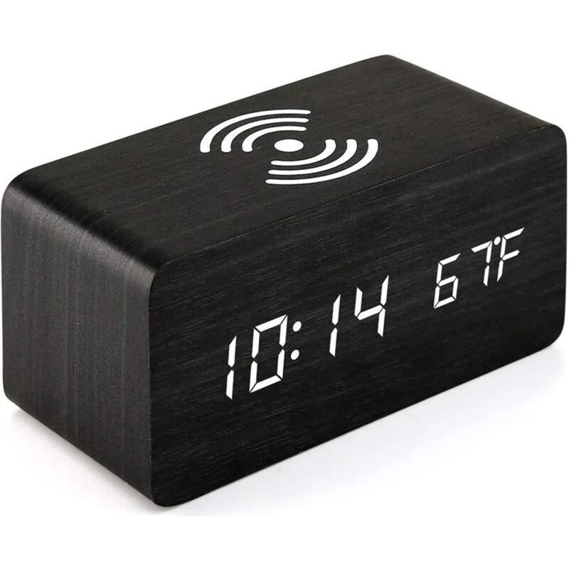 foto del prodotto sveglia digitale in legno con caricabatterie wireless, orologio digitale in legno con controllo vocale snooze data temperatura e per casa e ufficio