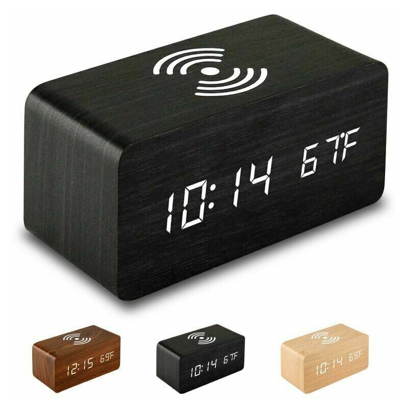 foto del prodotto sveglia digitale in legno con caricabatterie wireless, sveglia digitale in legno con display a led di ora, temperatura, controllo del suono per