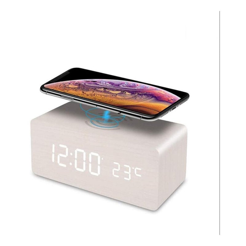 foto del prodotto sveglia digitale in legno con caricabatterie wireless, sveglia digitale in legno con display a led di ora, temperatura, controllo del suono per