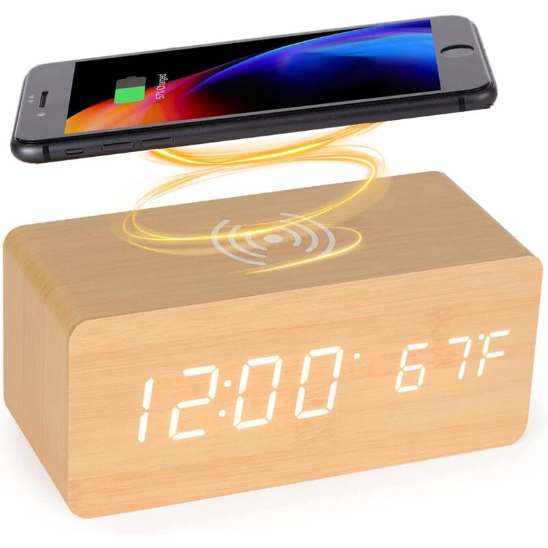 foto del prodotto sveglia digitale in legno con caricabatterie wireless, sveglia digitale in legno con display a led per ora, temperatura e suono, per camera da letto