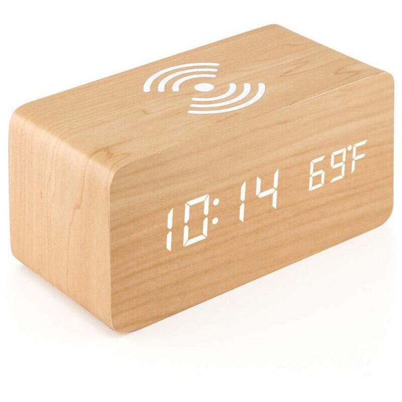 foto del prodotto sveglia digitale in legno led sveglia digitale in legno con caricabatterie wireless, sveglia in legno con caricabatterie a induzione caricabatterie