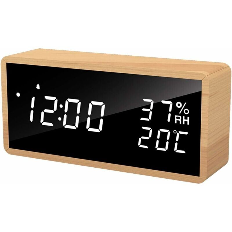 foto del prodotto sveglia digitale in legno, sveglia elettronica alimentata tramite usb, display led per ora, temperatura e umidit 