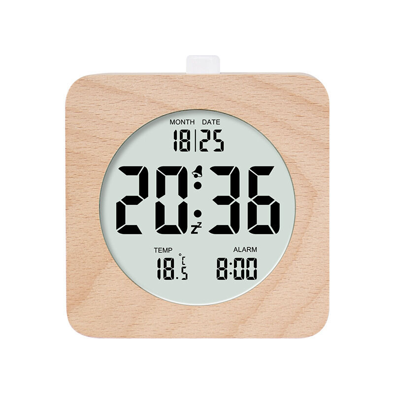 foto del prodotto sveglia digitale in legno, sveglia in legno da 4 a batteria con funzione snooze e luce notturna, sveglia digitale lcd da comodino con ora, data,