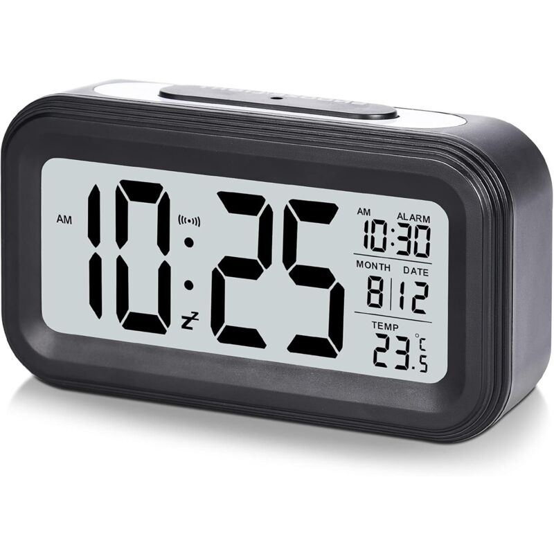 foto del prodotto sveglia digitale intelligente, ampio display lcd da 4,3 pollici con snooze, data, temperatura, 12 24 ore, sveglia intelligente alimentata a batteria,