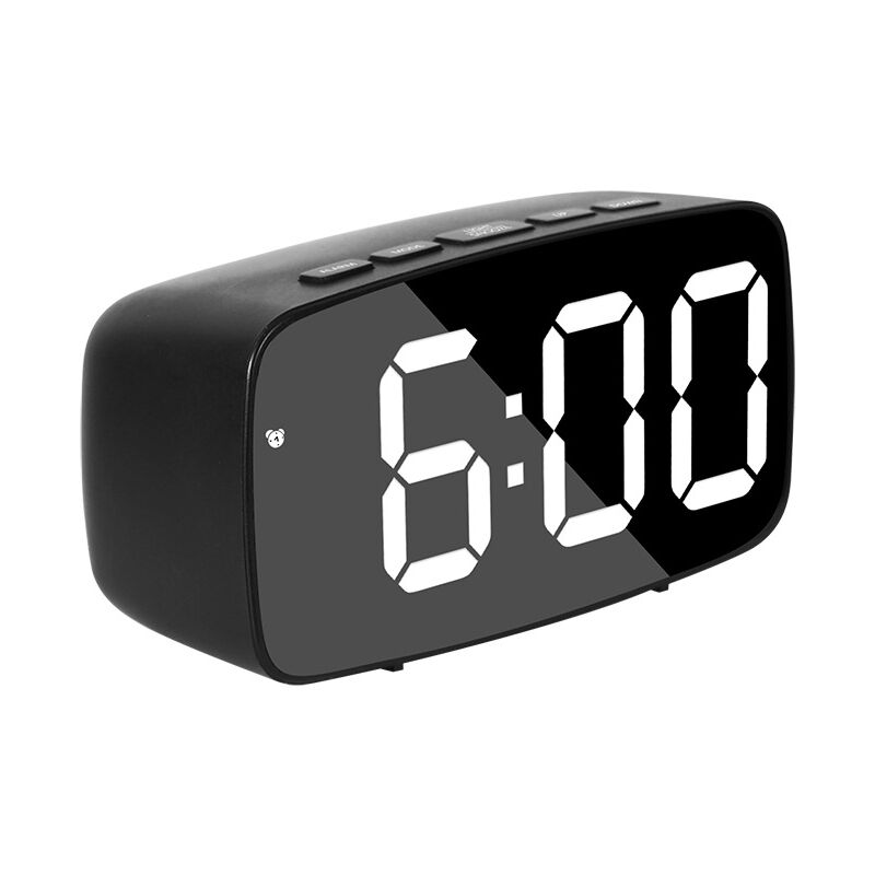foto del prodotto sveglia digitale intelligente da comodino nera, orologio da tavolo usb da viaggio a led bianco con data 12 24 ore, temperatura, snooze per camera da
