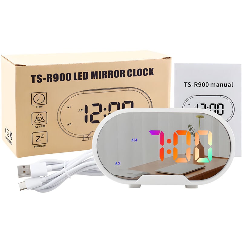 foto del prodotto sveglia digitale led rgb, schermo grande da 5,5 , superficie a specchio, sveglia elettrica per trucco con modalit dimmer, volume allarme regolabile,