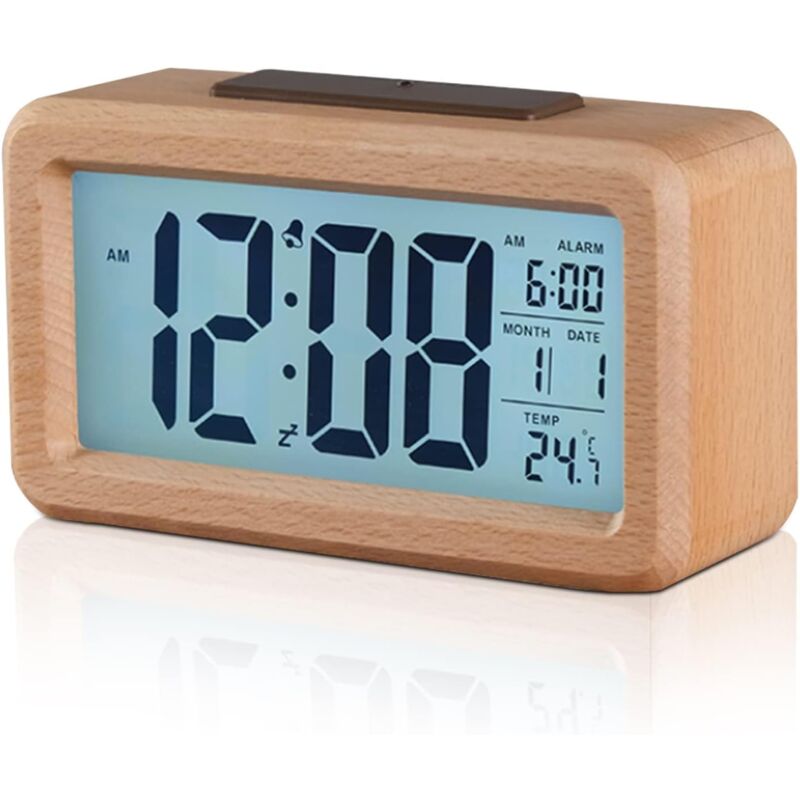 foto del prodotto sveglia digitale, orologio da comodino, sveglia digitale in legno, orologio digitale a led, orologio digitale con sveglia a led con visualizzazione