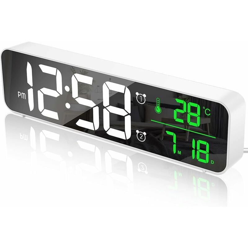 foto del prodotto sveglia digitale, orologio da parete sveglia mattina led specchio digitale grande schermo con data temperatura, 2 sveglie, 40 musica, 5 luminosit 