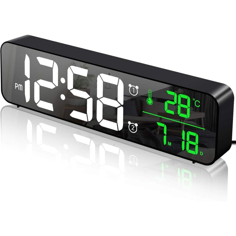foto del prodotto sveglia digitale, orologio da parete, sveglia mattutina, ampio display digitale a led con temperatura e data, 40 tracce musicali, 6 livelli di