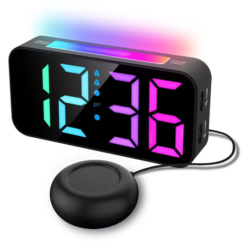 foto del prodotto sveglia digitale per chi ha il sonno pesante, sveglia ad alto volume con vibrazione, luce notturna, display colorato, sveglia con vibrazione per