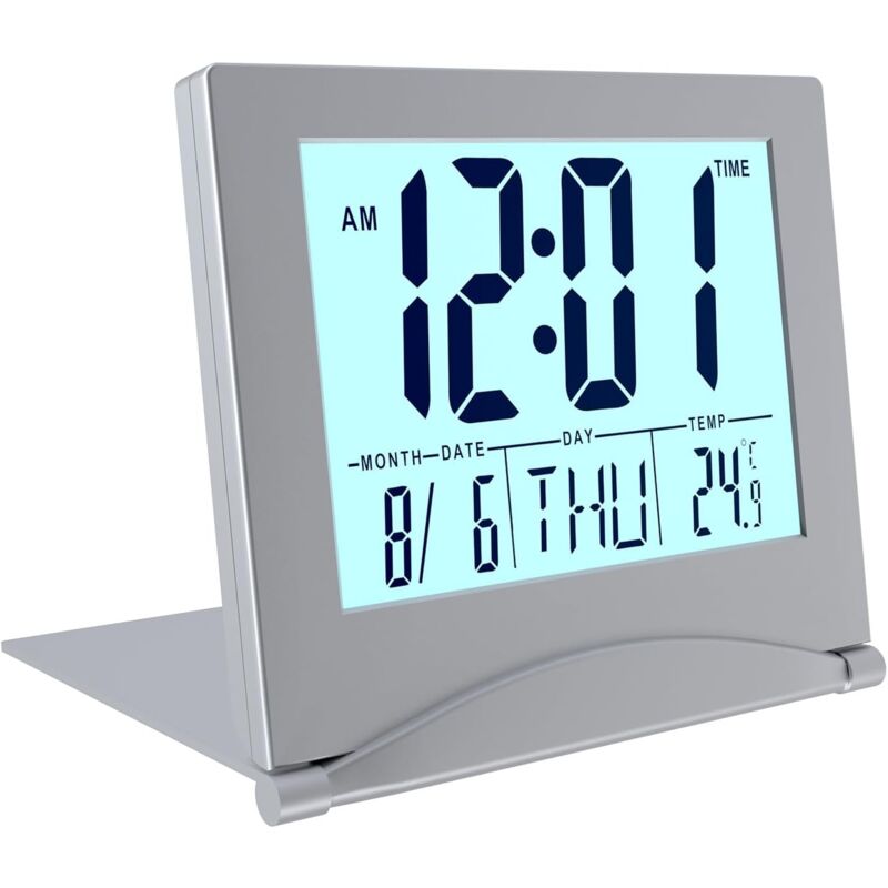 foto del prodotto sveglia digitale pieghevole orologio digitale lcd con retroilluminazione sveglia da tavolo con visualizzazione di giorno, data e temperatura
