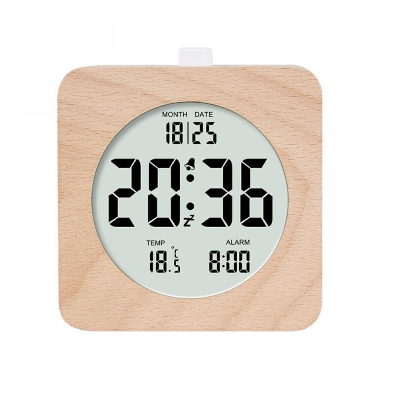 foto del prodotto sveglia digitale quadrata in legno, sveglia mattutina, orologio digitale lcd con data, temperatura, snooze, retroilluminazione, orologio digitale