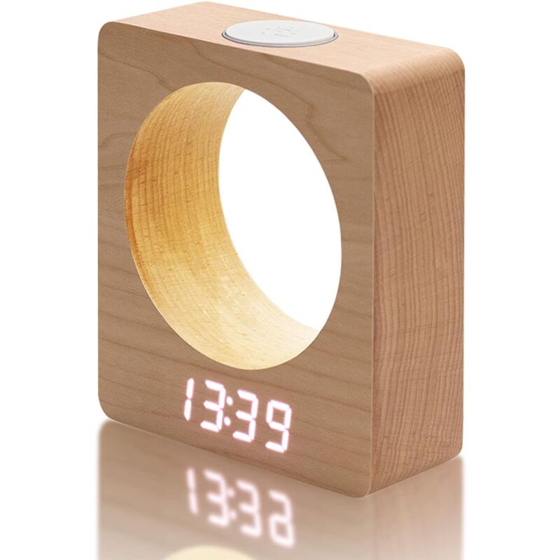 foto del prodotto sveglia digitale silenziosa in legno con luce, sveglie digitali 3 sveglie da comodino alimentate a batteria, sveglia a led dimmerabile a quattro