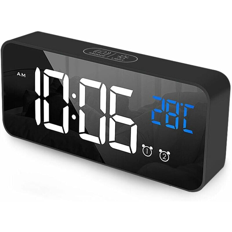 foto del prodotto sveglia digitale, sveglia a specchio a led, sveglia da scrivania, orologio elettronico ricaricabile tramite usb con 2 allarmi funzione