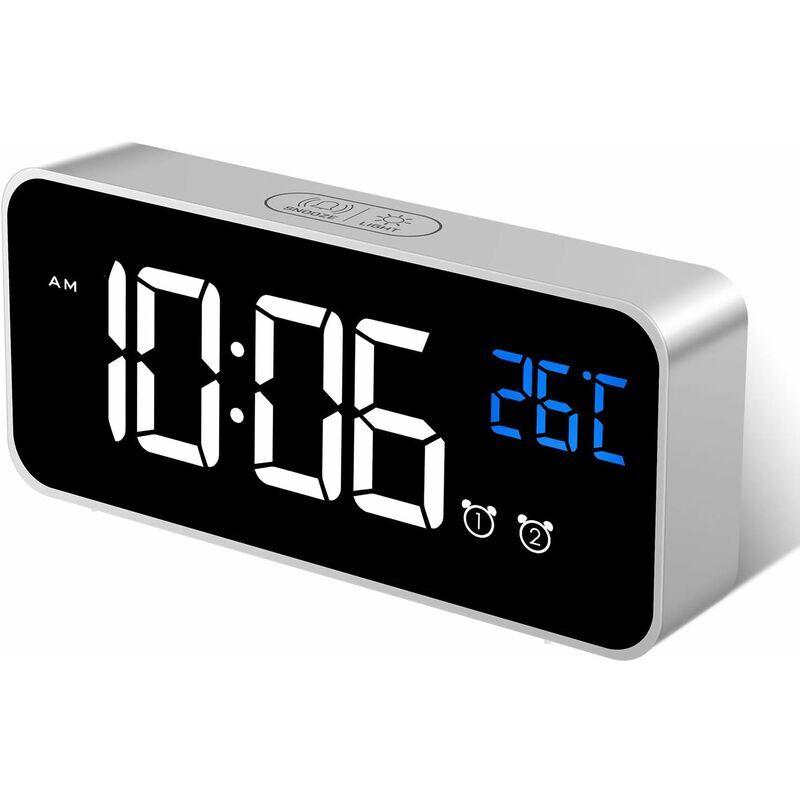foto del prodotto sveglia digitale, sveglia digitale a specchio led, temperatura, funzione snooze e 2 sveglie, luminosit e suono regolabili, attivazione sonora, porta