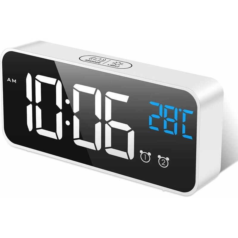 foto del prodotto sveglia digitale, sveglia digitale con specchio led, ampio display, temperatura media, luminosit e suono regolabili, attivazione sonora, orologio