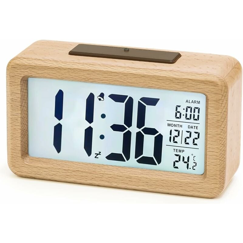 foto del prodotto sveglia digitale, sveglia digitale in legno con modulo sensore, orologio da tavolo con ampio display, datario, display temperatura, luce notturna,