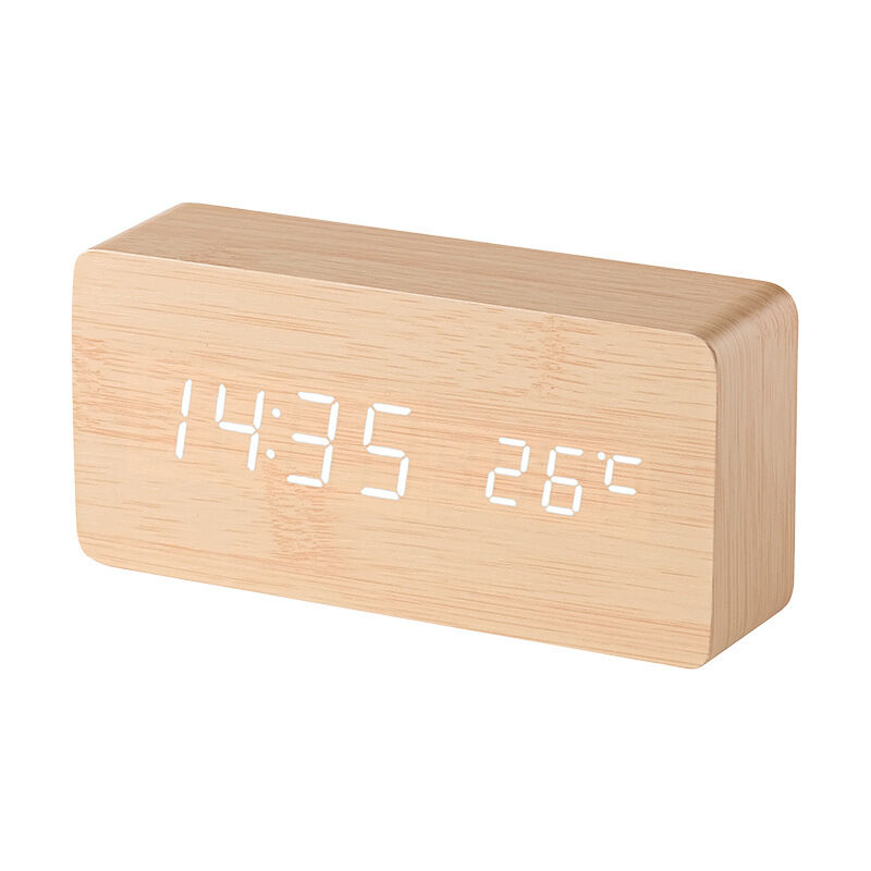 foto del prodotto sveglia digitale threeh, 3 set di sveglie e controllo vocale, elegante sveglia da scrivania in legno con display della temperatura per casa, cucina,