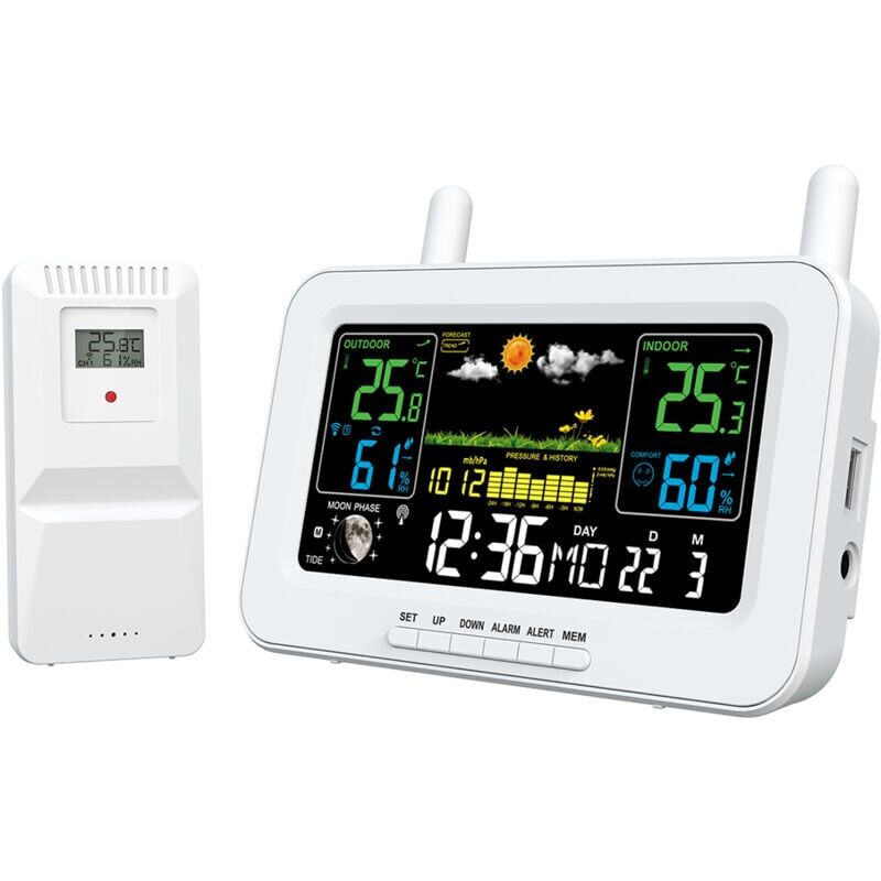 foto del prodotto sveglia elettronica lcd con temperatura e umidit interna ed esterna con funzione snooze funzione retroilluminazione, bianco 220 v