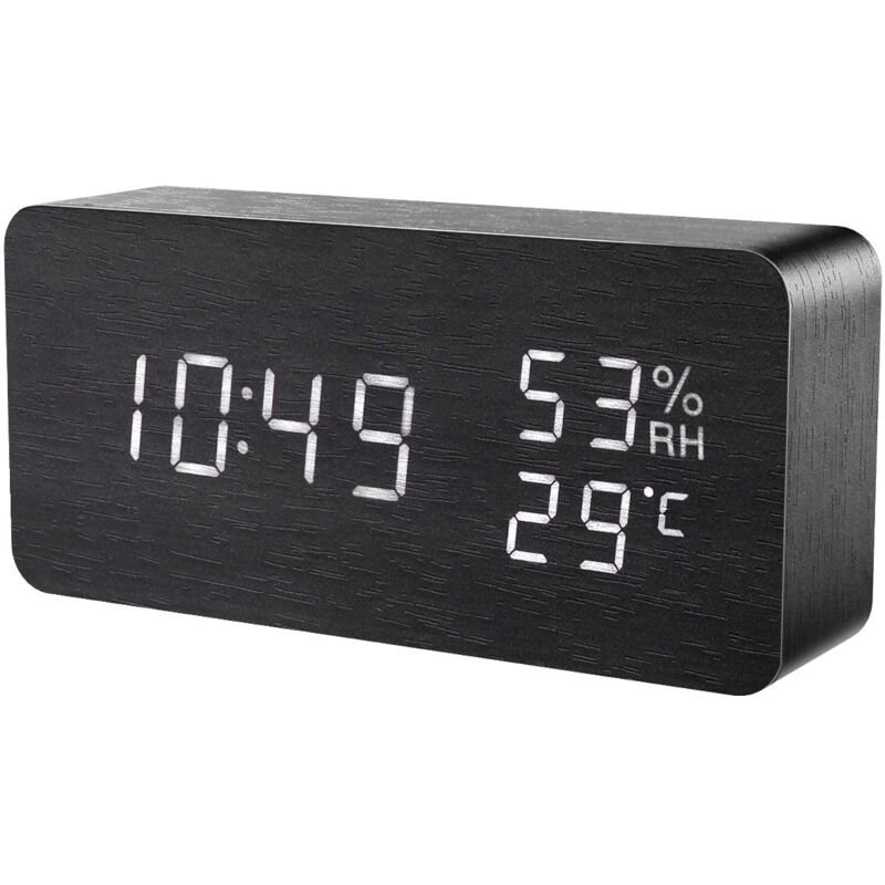 foto del prodotto sveglia led in legno, visualizzazione data ora temperatura umidit , orologio digitale con retroilluminazione a led, 3 luminosit regolabili, 3