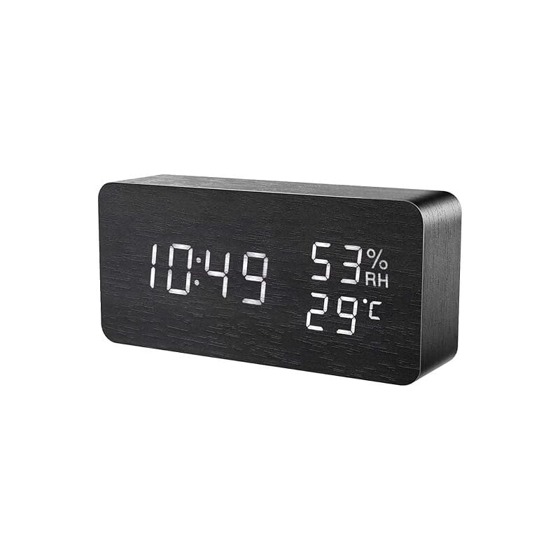 foto del prodotto sveglia led, orologio digitale in legno, sveglia multifunzione, 3 allarmi separati, attivazione vocale e touch, visualizzazione di temperatura,
