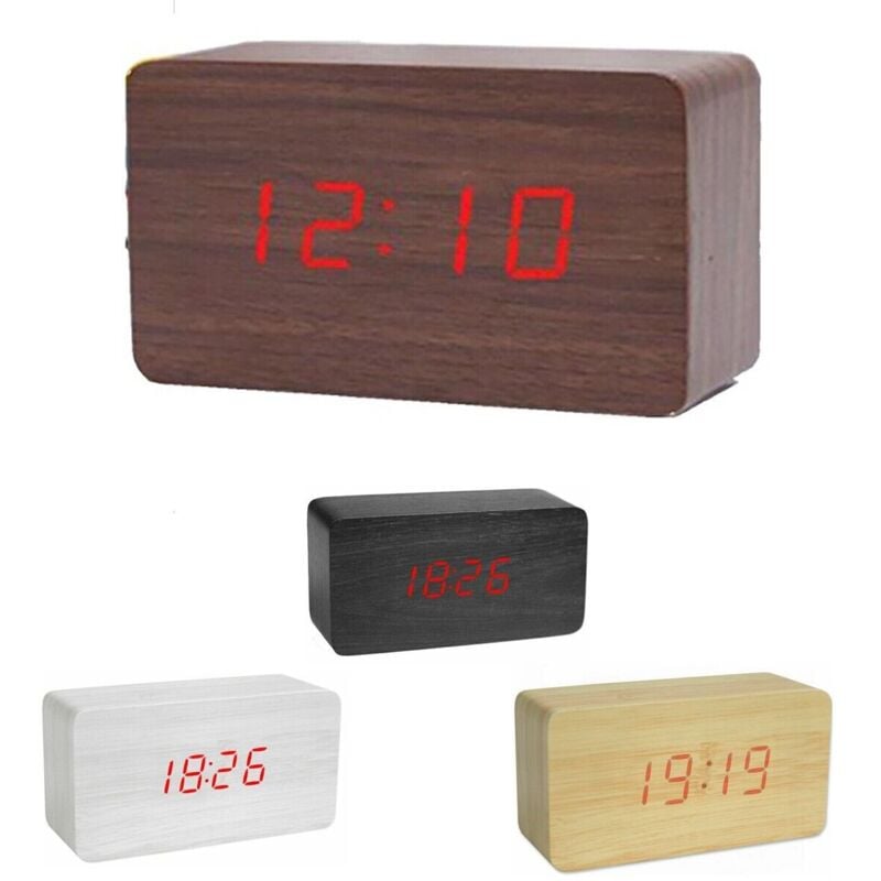foto del prodotto sveglia orologio digitale led effetto legno con suono allarme e temperatura 1295