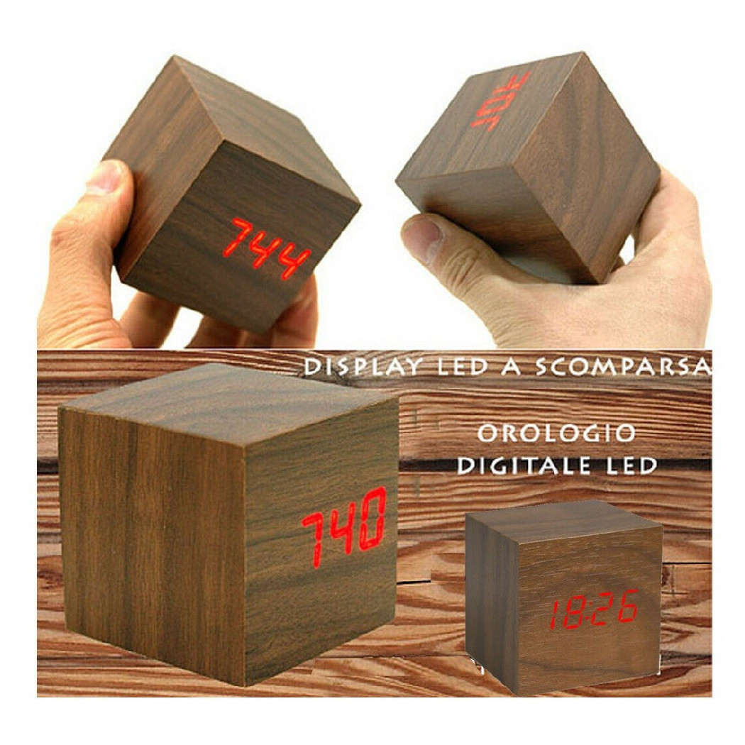 foto del prodotto sveglia orologio digitale led effetto legno con suono allarme temperatura cubo trade shop traesio