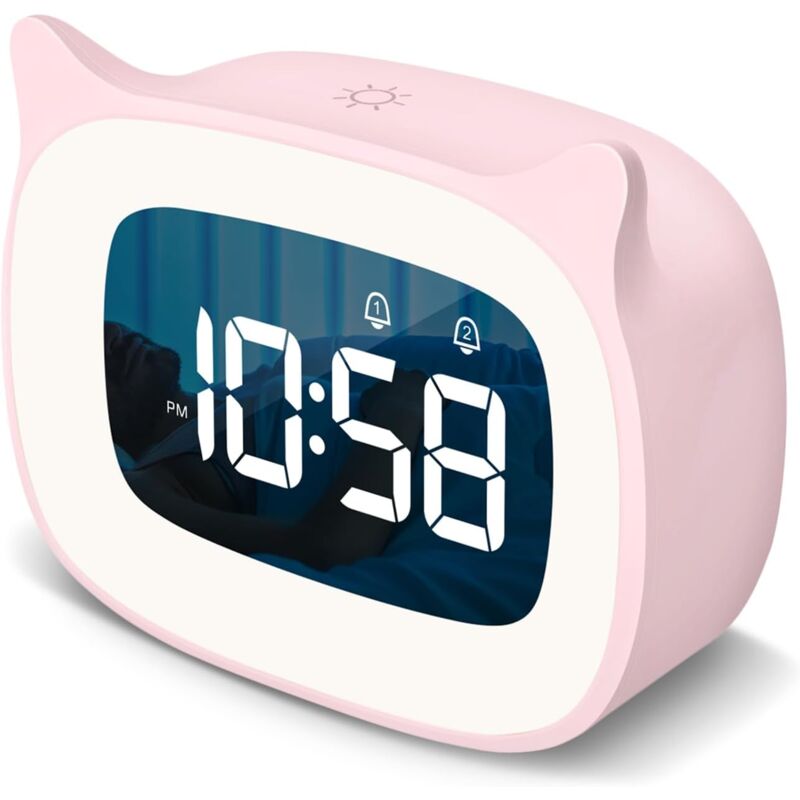 foto del prodotto sveglia per bambini con luce notturna e 18 suonerie, simpatico orologio ricaricabile con orecchie di gatto, regalo di compleanno per ragazzi e
