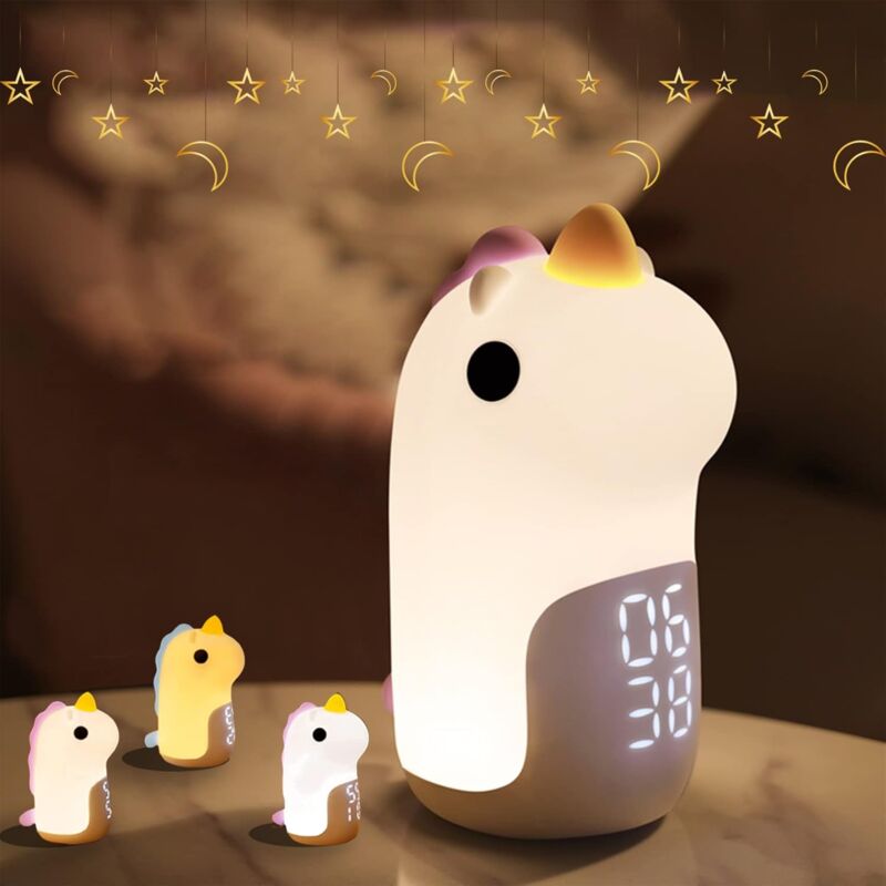 foto del prodotto sveglia per bambini luminosa, 3 colori, luce notturna, ricaricabile, led sveglia digitale con grazioso unicorno per bambina, ado snooze, sveglia,