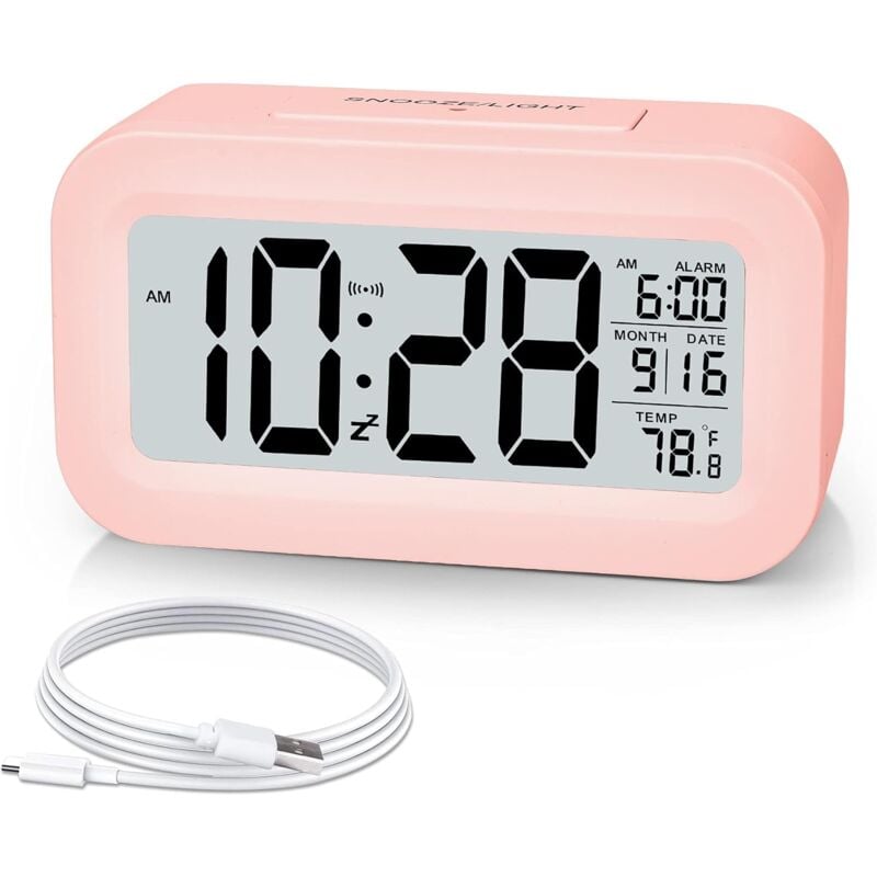 foto del prodotto sveglia, piccola sveglia digitale, display lcd da 5,1 con caricabatterie usb, snooze, minuti, calendario data, visualizzazione allarme temperatura,