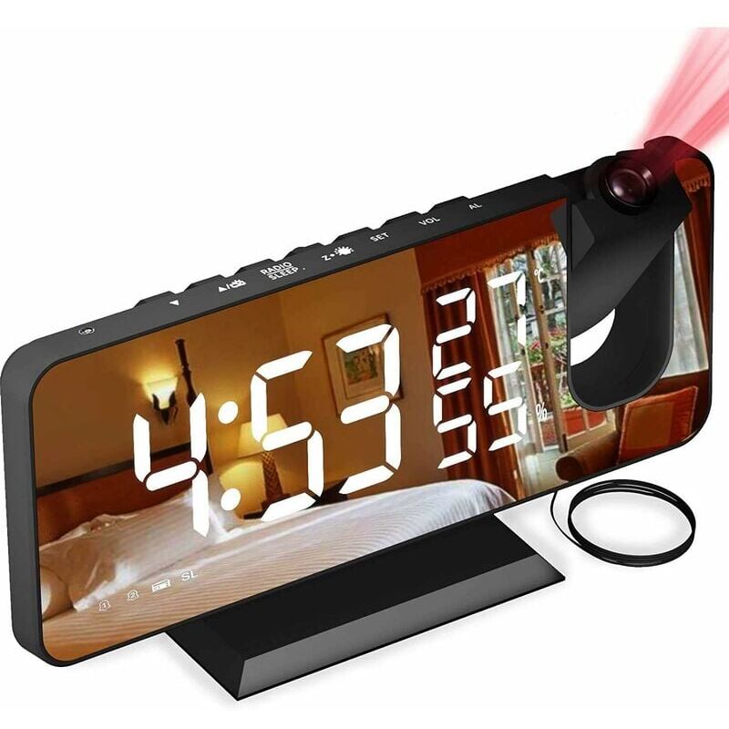 foto del prodotto sveglia proiettore con radio, orologio digitale, radiosveglia usb con doppio allarme e schermo a specchio a 7 led caratteri bianchi 