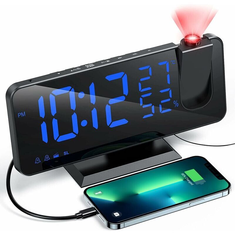 foto del prodotto sveglia proiettore con radio, orologio digitale, radiosveglia usb con doppio allarme e schermo a specchio a 7 led parola blu 