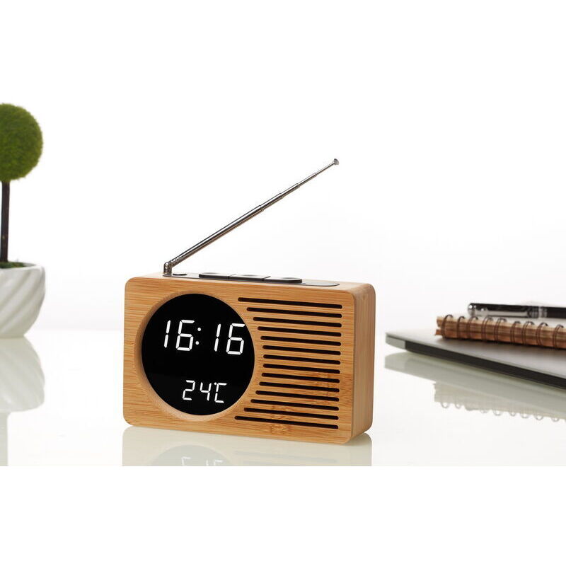 foto del prodotto sveglia retr da comodino in legno con radio e sveglia silenziosa, regalo creativo, orologio elettronico da 16,5 x 4,5 x 9 cm, specchio in vero