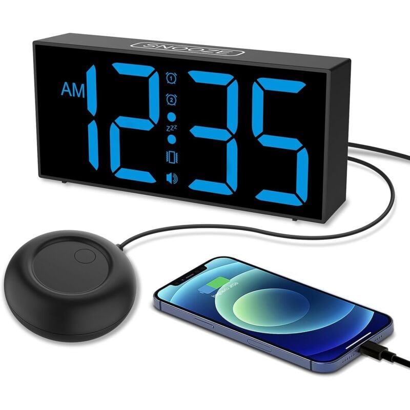 foto del prodotto sveglia super rumorosa con vibratore, sveglia vibrante per sordi, dormiglioni e anziani, orologio digitale led da 7 , doppia sveglia, 4 livelli di