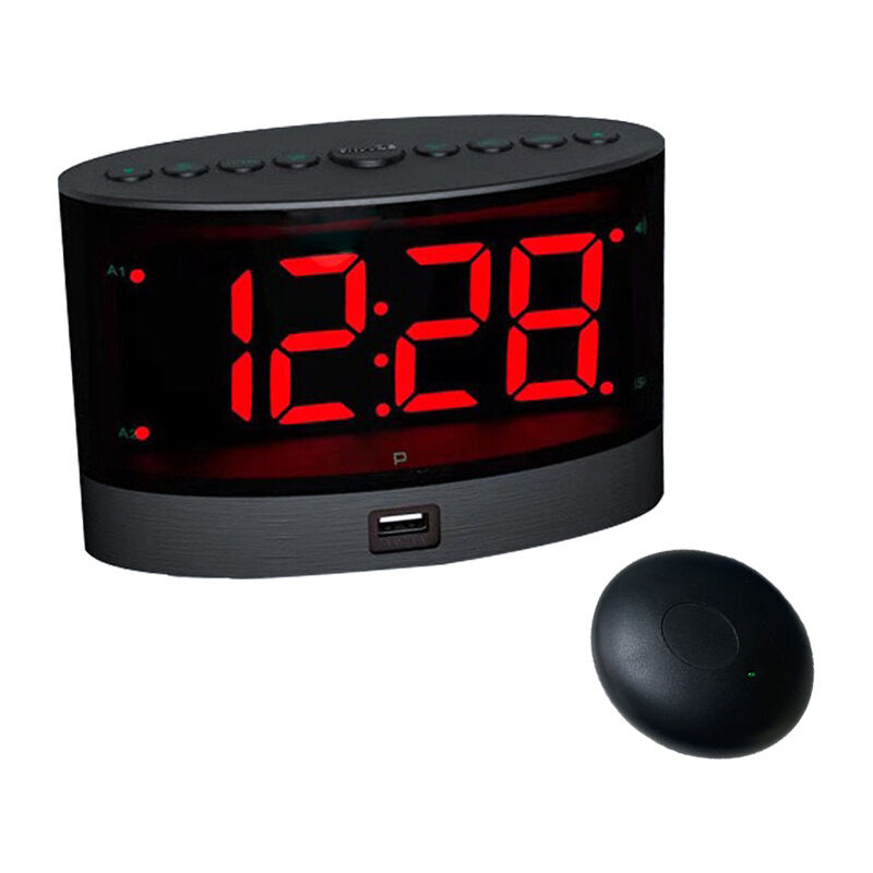 foto del prodotto sveglia super rumorosa con vibrazione wireless, scuotiletto per non udenti con problemi di udito dormienti profondi, doppio allarme, dimmer, batteria