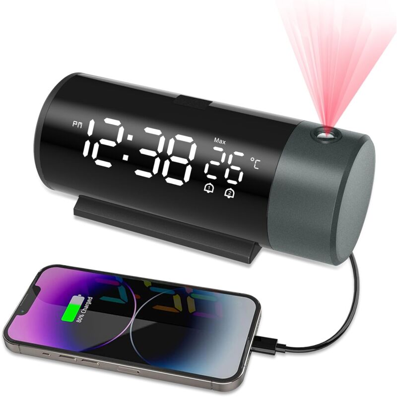 foto del prodotto sveglia, sveglia con proiettore da soffitto a 180 , orologio digitale con ampio display a led, sveglia digitale, data 12 24h e luminosit regolabile