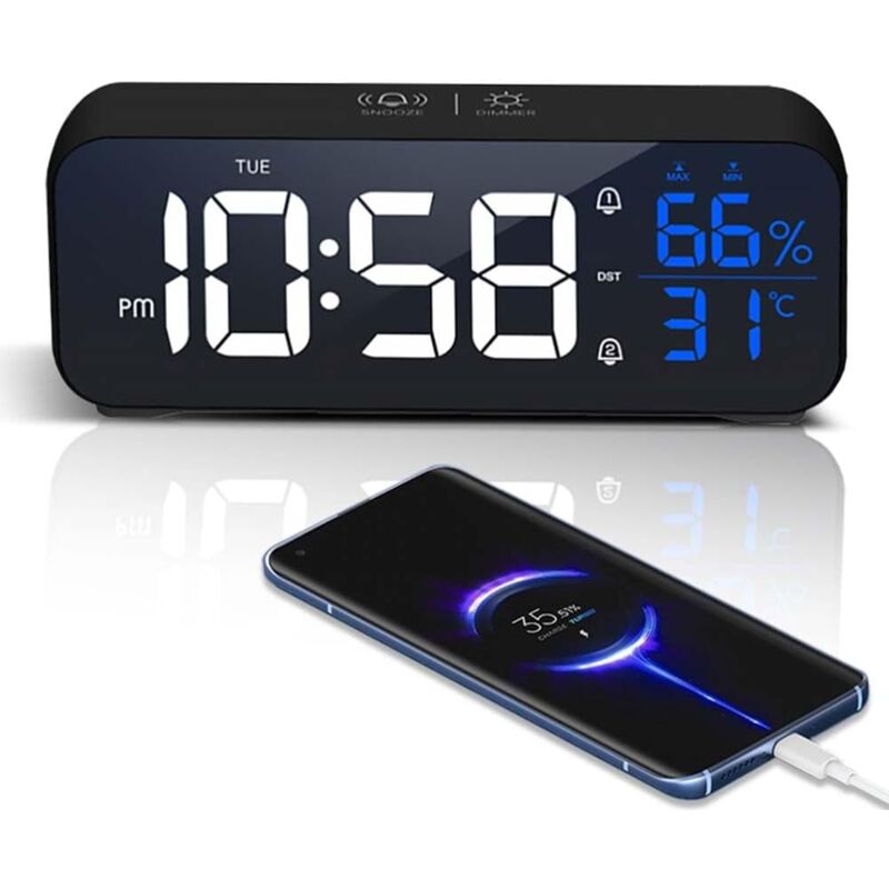 foto del prodotto sveglia, sveglia digitale a specchio a led con funzione snooze, ampio schermo con visualizzazione della temperatura, sveglia, sveglia con luce