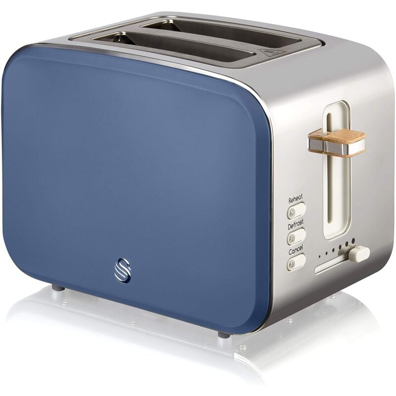 foto del prodotto swan nordic tostapane con slot ampio, 2 fette, 3 funzioni, 6 livelli di tostatura, design moderno in acciaio inox, maniglia effetto legno, blu