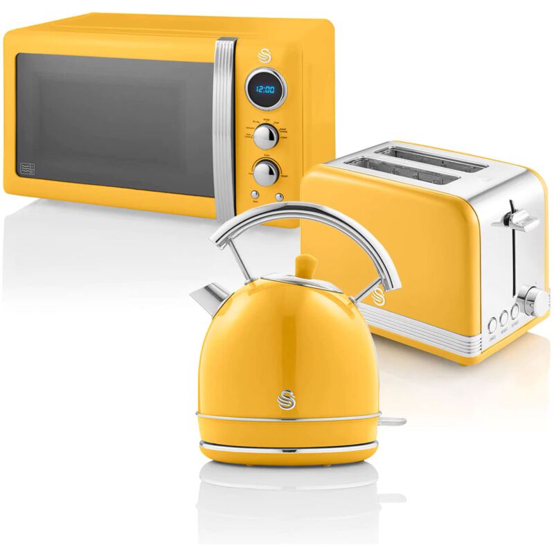 foto del prodotto swan retro colazione set 1,8 l bollitore, tostapane a 2 fette, microonde digitale 20l, 6 livelli di potenza, timer, porta effetto specchio, design