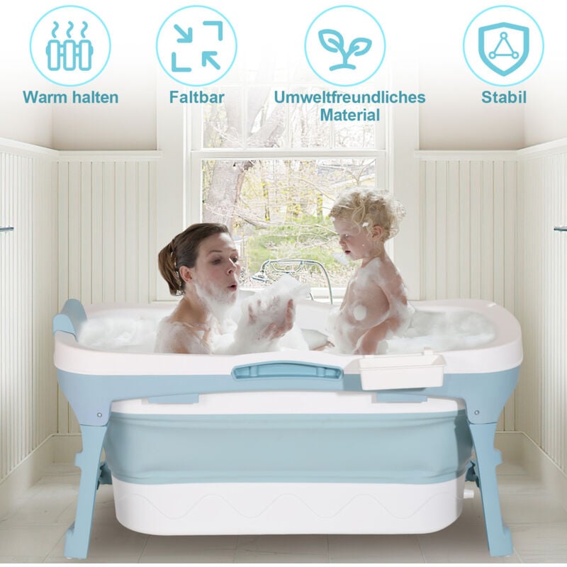 foto del prodotto swanew 118x 60 x 50 cm vasca da bagno pieghevole con coperchio e rulli massaggianti. vasca da bagno portatile. blu