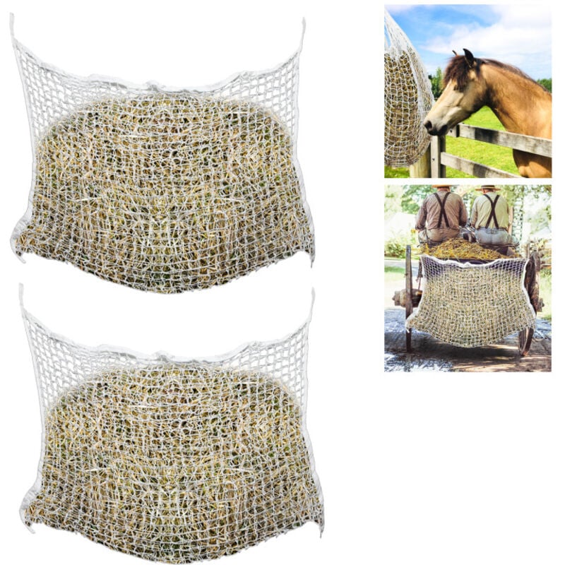 foto del prodotto swanew 2x rete fieno per cavalli sacche per fieno per cavalli. rete fieno con piccoli fori. sacco in rete tessuta borse 120 x 90 cm maglie 3x3cm