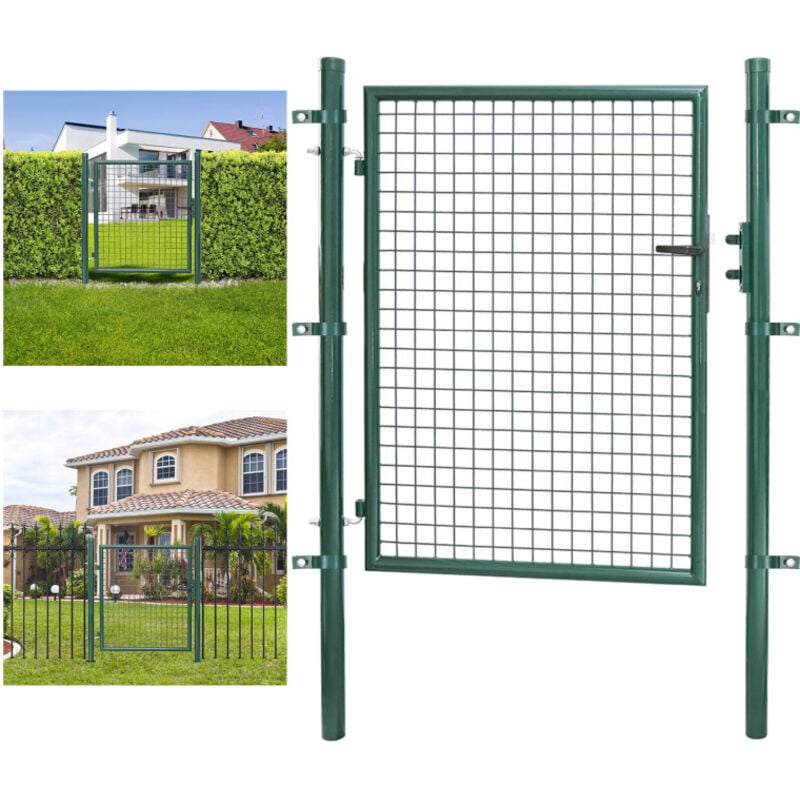 foto del prodotto swanew cancello da giardino cancelletto con serratura e maniglia cancello in acciaio zincato verniciato a polvere verde palo rotondo 125x100cm