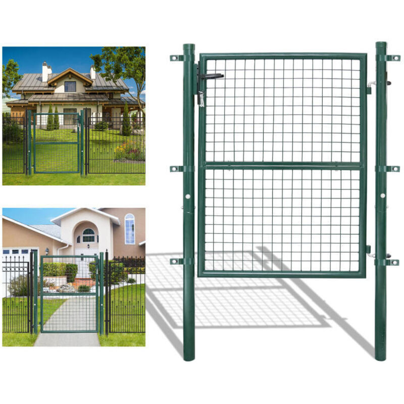 foto del prodotto swanew cancello da giardino cancelletto con serratura e maniglia cancello in acciaio zincato verniciato a polvere verde palo rotondo 150x100cm