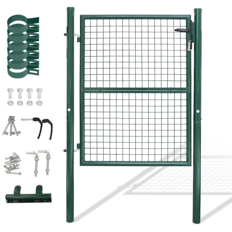 foto del prodotto swanew cancello da giardino cancelletto con serratura e maniglia cancello in acciaio zincato verniciato a polvere verde palo rotondo 150x100cm
