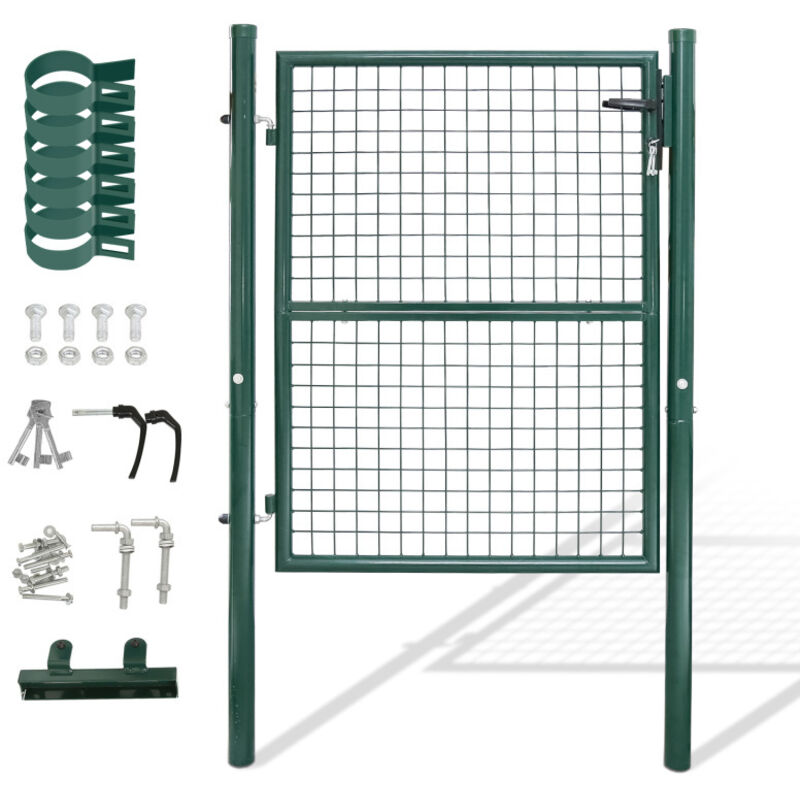 foto del prodotto swanew cancello da giardino cancelletto con serratura e maniglia cancello in acciaio zincato verniciato a polvere verde palo rotondo 150x100cm